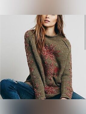 Free People Snowflake Reflections Mockneck Green Pink Knit Sweater Large